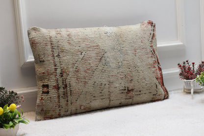 Vintage Turkish Kilim Lumbar Pillow Cover: Red Beige Woven Rug, 16x24 in