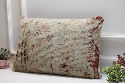 Vintage Turkish Kilim Lumbar Pillow Cover: Red Beige Woven Rug, 16x24 in