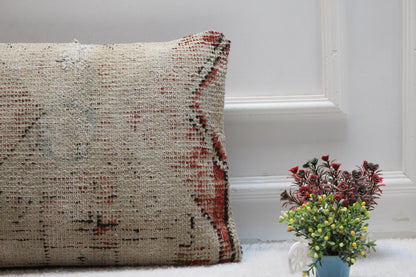 Vintage Turkish Kilim Lumbar Pillow Cover: Red Beige Woven Rug, 16x24 in