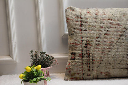 Vintage Turkish Kilim Lumbar Pillow Cover: Red Beige Woven Rug, 16x24 in