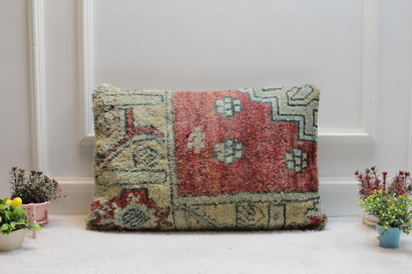 Handmade Turkish Rug Pillow Cover: Red Beige Woven Lumbar Pillow (16x24 in)