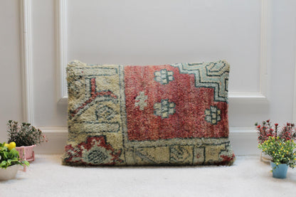 Handmade Turkish Rug Pillow Cover: Red Beige Woven Lumbar Pillow (16x24 in)