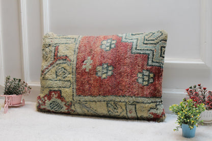 Handmade Turkish Rug Pillow Cover: Red Beige Woven Lumbar Pillow (16x24 in)