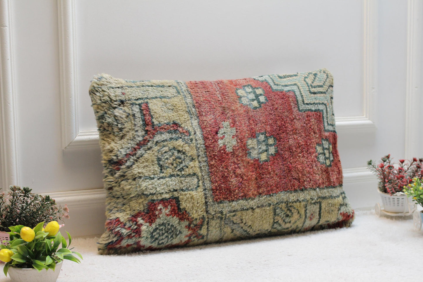 Handmade Turkish Rug Pillow Cover: Red Beige Woven Lumbar Pillow (16x24 in)