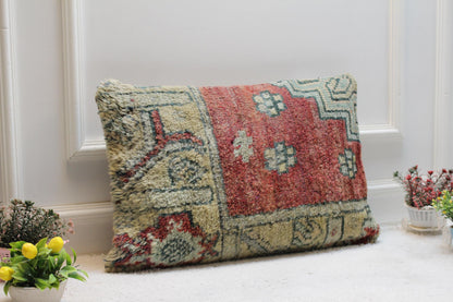 Handmade Turkish Rug Pillow Cover: Red Beige Woven Lumbar Pillow (16x24 in)