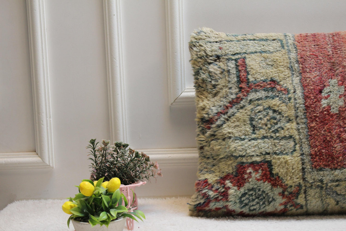 Handmade Turkish Rug Pillow Cover: Red Beige Woven Lumbar Pillow (16x24 in)