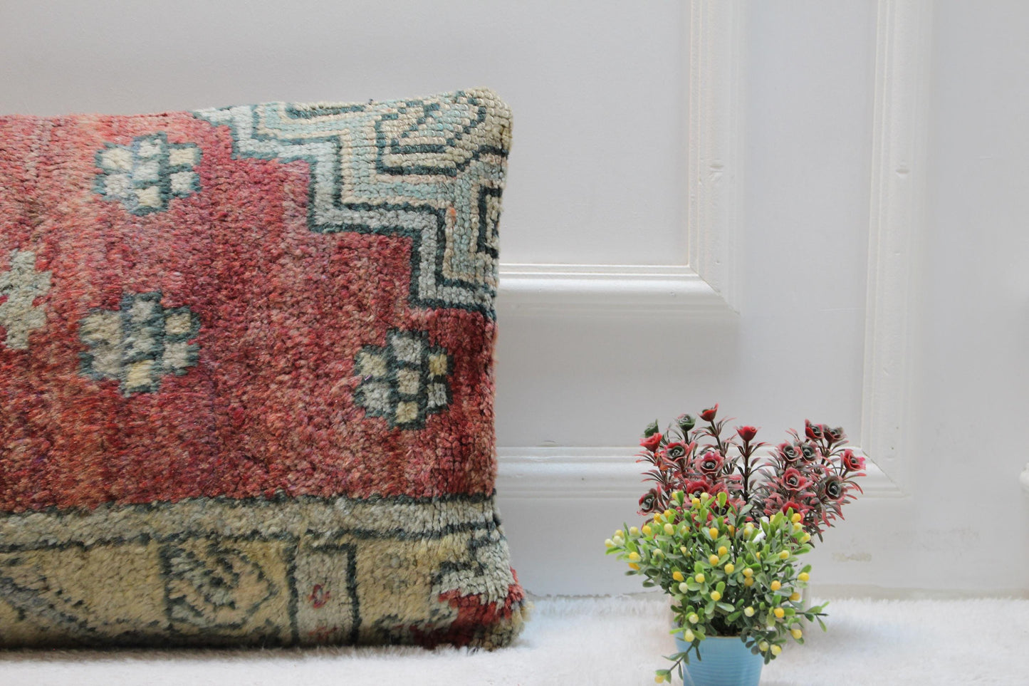 Handmade Turkish Rug Pillow Cover: Red Beige Woven Lumbar Pillow (16x24 in)