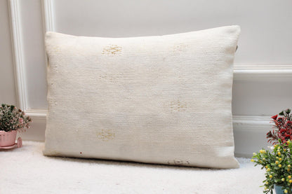 Handmade White Kilim Lumbar Pillow Cover: Boho Woven Rug, 16x24 inch