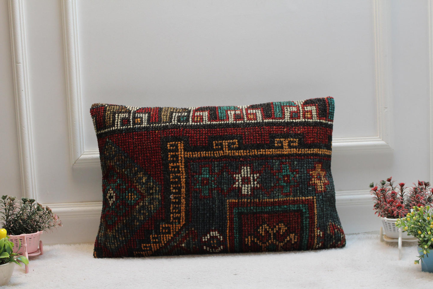 Geometric Kilim Pillow Cover: Red & Black Turkish Rug, 16x24 inch