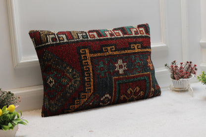 Geometric Kilim Pillow Cover: Red & Black Turkish Rug, 16x24 inch