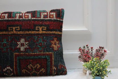 Geometric Kilim Pillow Cover: Red & Black Turkish Rug, 16x24 inch