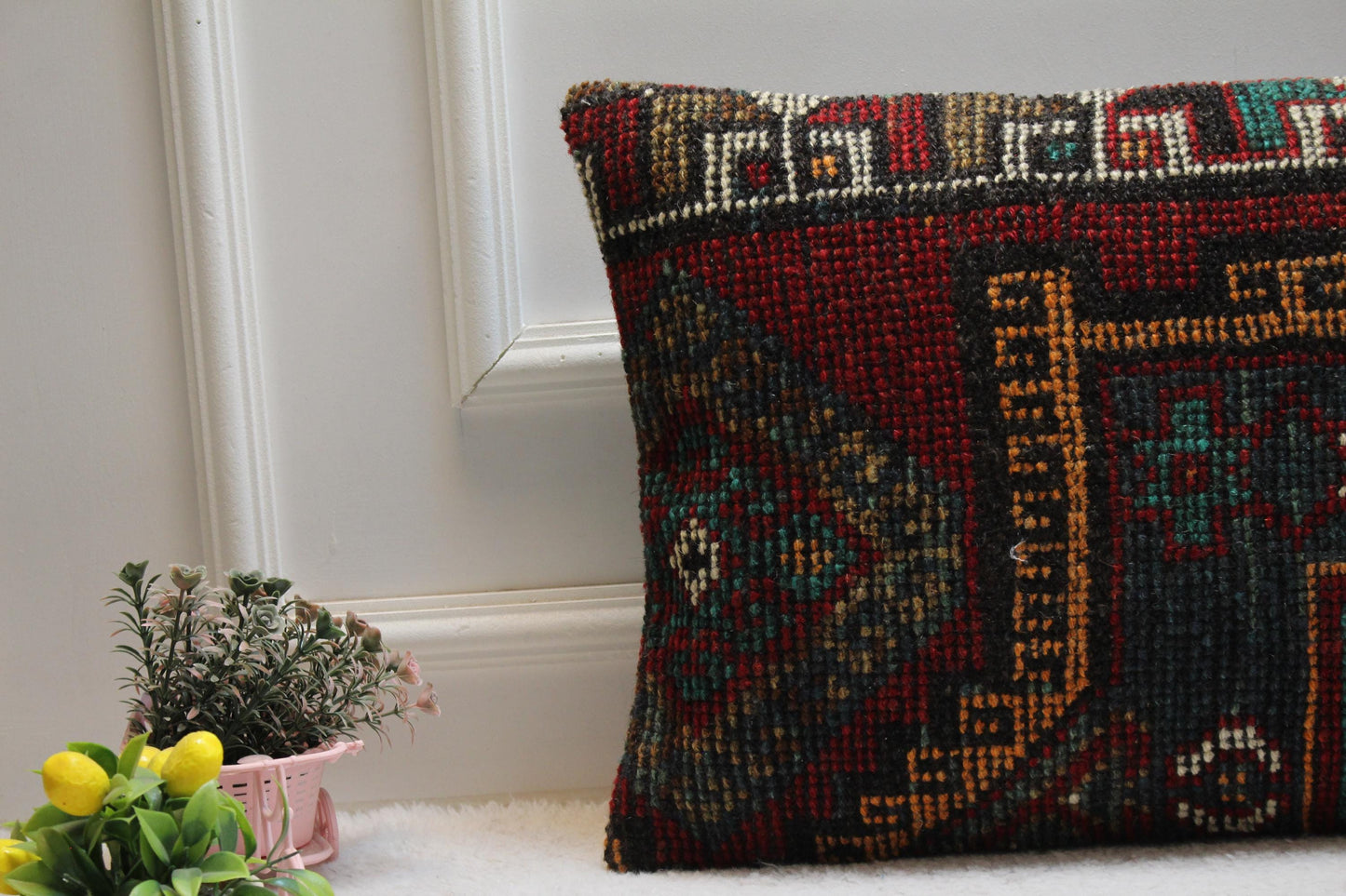 Geometric Kilim Pillow Cover: Red & Black Turkish Rug, 16x24 inch