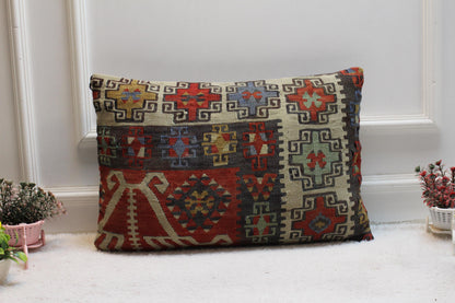Geometric Kilim Pillow Cover: Handmade Upcycled Woven Rug, 16x24 inch