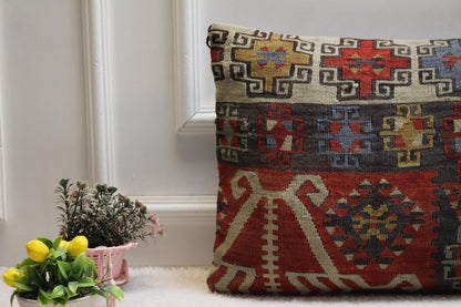 Geometric Kilim Pillow Cover: Handmade Upcycled Woven Rug, 16x24 inch