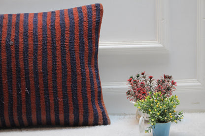 Striped Kilim Lumbar Pillow Cover: Vintage Woven Rug, 16x24 inch