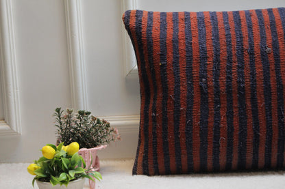 Striped Kilim Lumbar Pillow Cover: Vintage Woven Rug, 16x24 inch