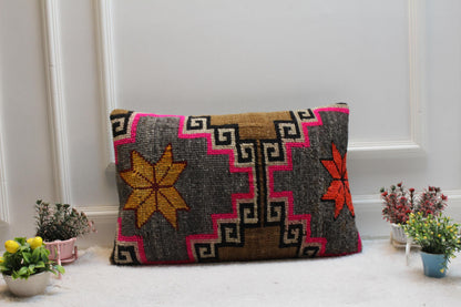 Handmade Kilim Pillow Cover: Gray Brown Woven Rug, 16x24 inch