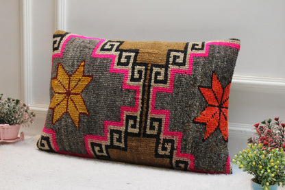Handmade Kilim Pillow Cover: Gray Brown Woven Rug, 16x24 inch