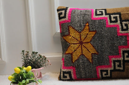 Handmade Kilim Pillow Cover: Gray Brown Woven Rug, 16x24 inch