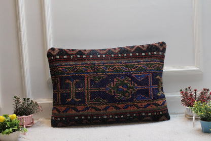 Handmade Turkish Rug Lumbar Pillow Cover: Vintage Woven Design (16x24 in)