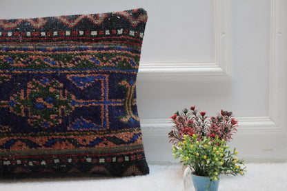 Handmade Turkish Rug Lumbar Pillow Cover: Vintage Woven Design (16x24 in)