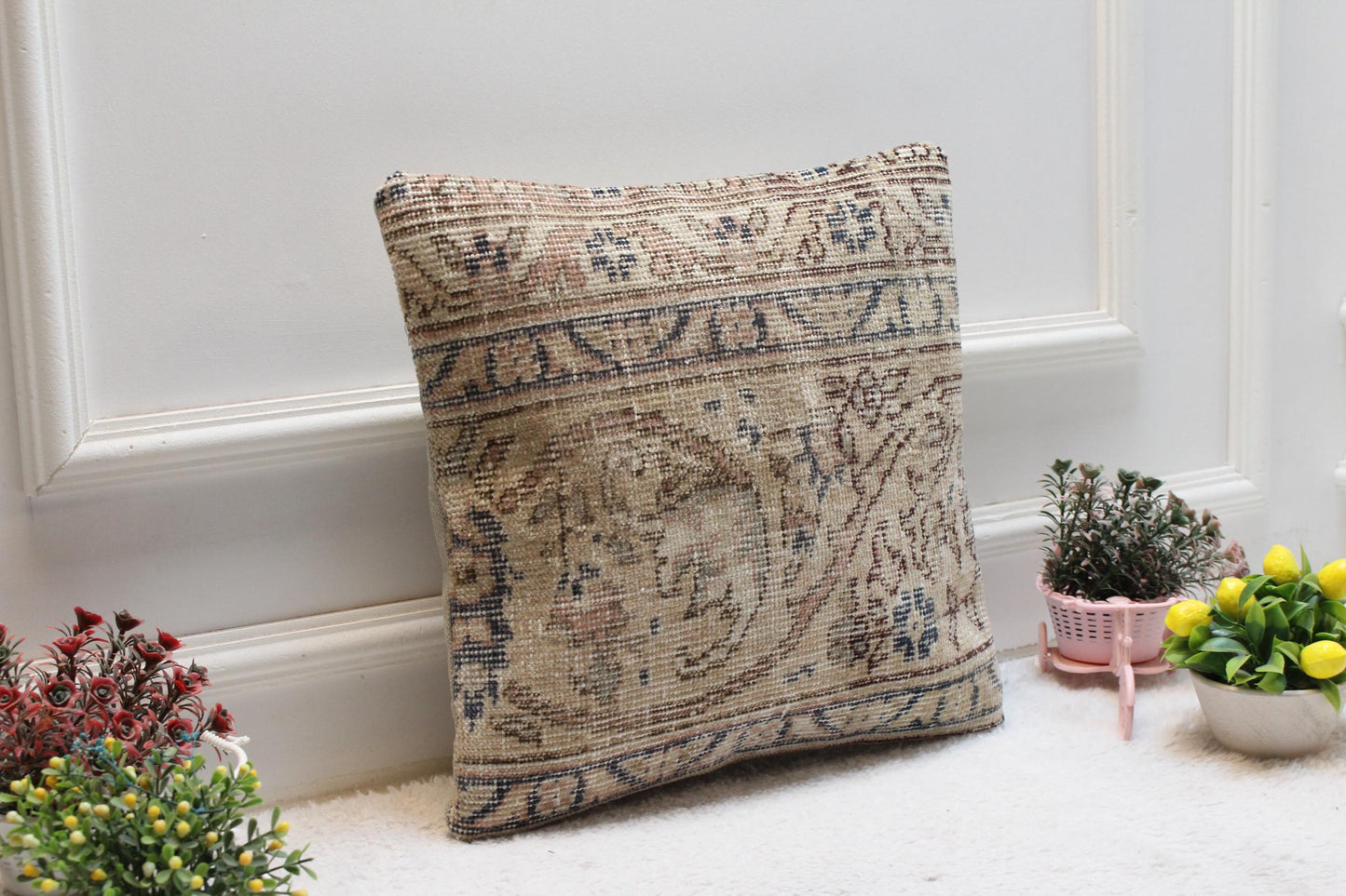 Floral Turkish Rug Pillow Cover: Vintage Anatolian Kilim, 16x16 inch