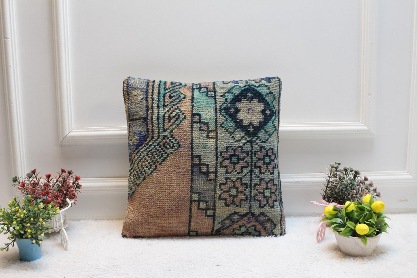 Handmade Kilim Pillow Cover: Upcycled Turkish Wool Rug, Rainbow (16X16 inc.)