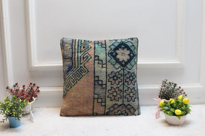 Handmade Kilim Pillow Cover: Upcycled Turkish Wool Rug, Rainbow (16X16 inc.)