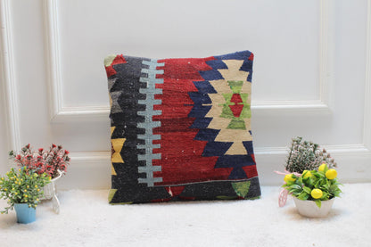 Handmade Kilim Pillow Cover: 16x16 Rainbow Wool Upcycled Rug