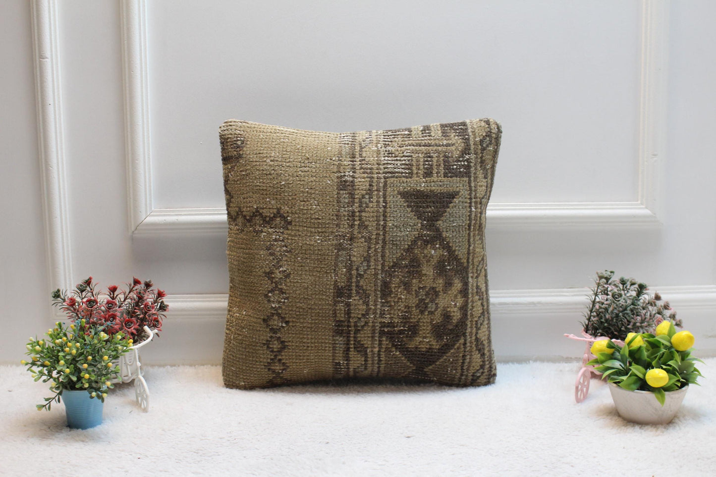 Vintage Turkish Rug Pillow Cover: Brown Woven Wool, 16x16 inch
