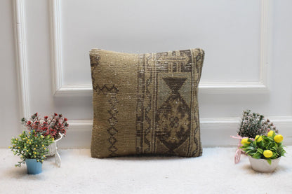 Vintage Turkish Rug Pillow Cover: Brown Woven Wool, 16x16 inch