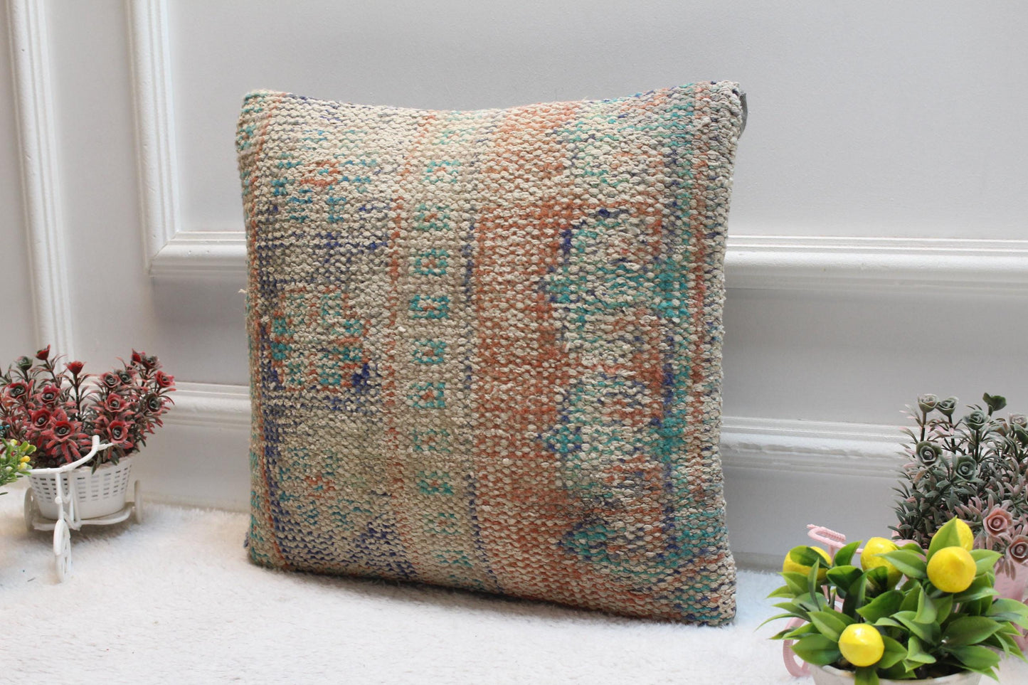 Vintage Turkish Rug Pillow Cover: Orange & Blue Kilim, 16x16