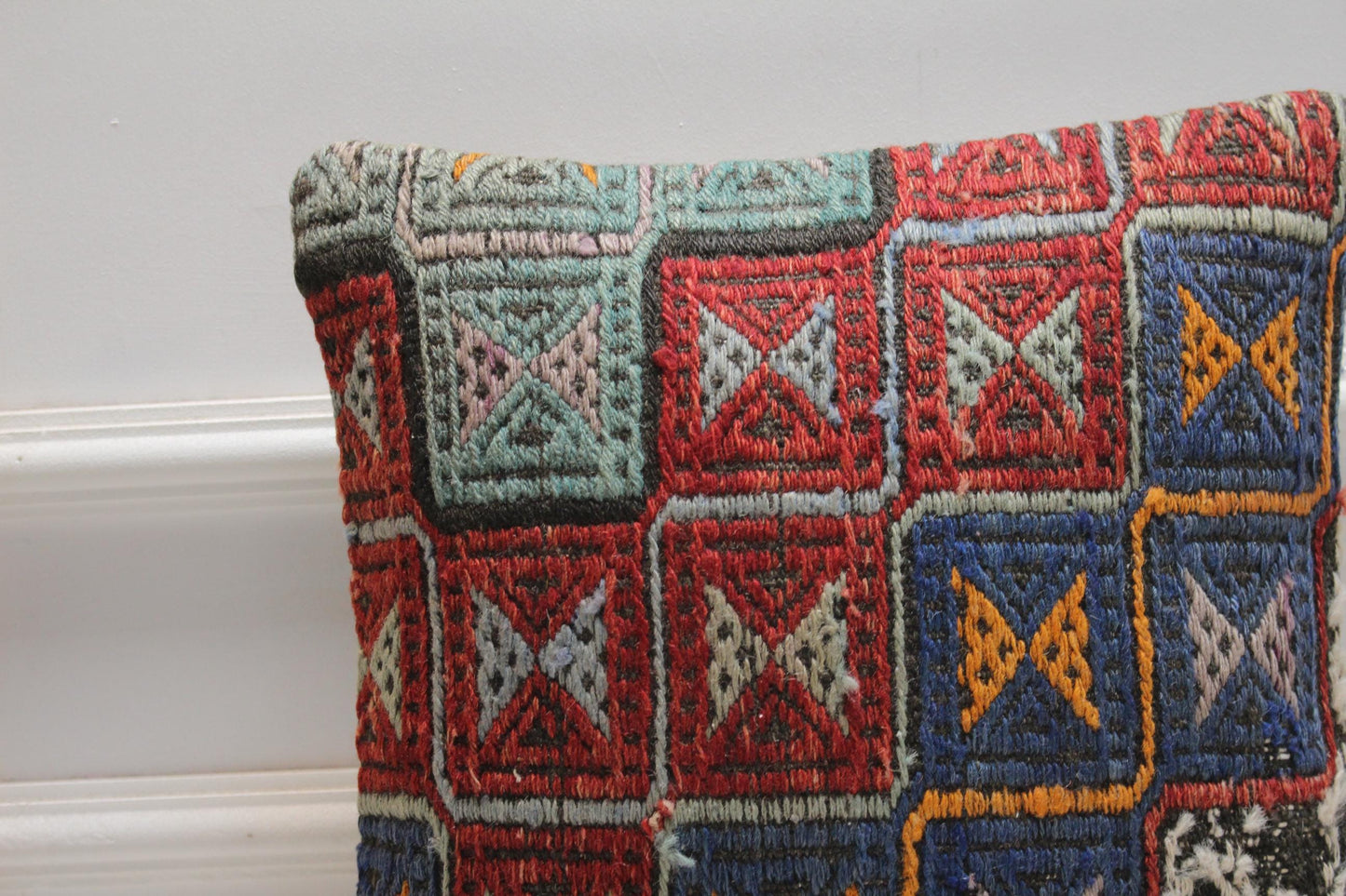 Rainbow Kilim Pillow Cover: 16x16 Square, Handmade Wool, Geometric Design