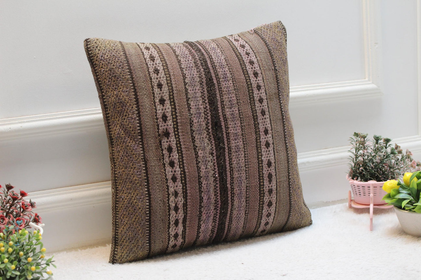 Striped Kilim Pillow Cover: Organic Wool Turkish Pillow, 16x16
