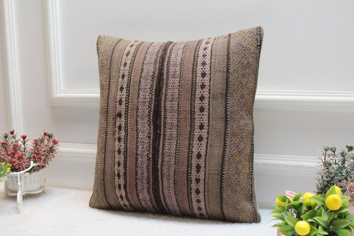 Striped Kilim Pillow Cover: Organic Wool Turkish Pillow, 16x16