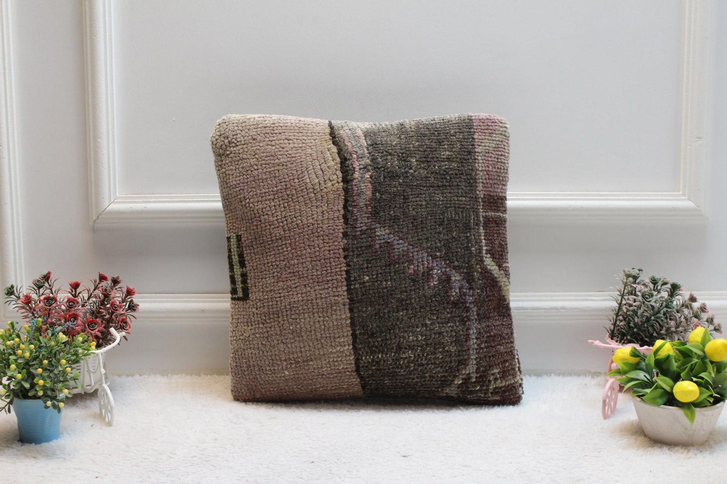 Vintage Turkish Rug Pillow Cover: Brown Wool Kilim Throw Pillow (16x16 in)