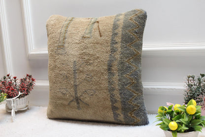 Handmade Turkish Rug Pillow Cover: Vintage Wool Kilim, 16x16 inch