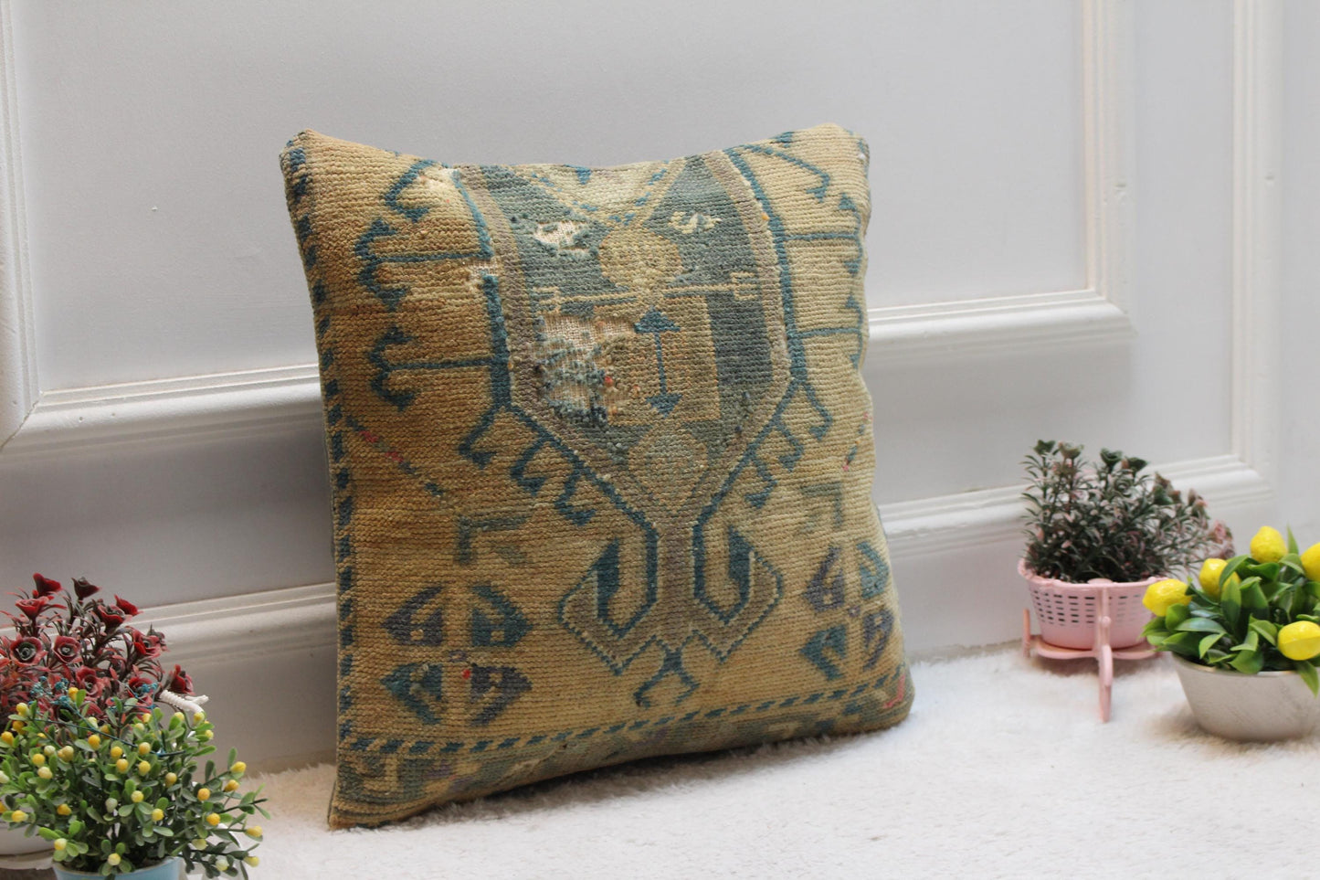 Handmade Turkish Rug Pillow Cover: Blue Beige Anatolian Wool, 16x16