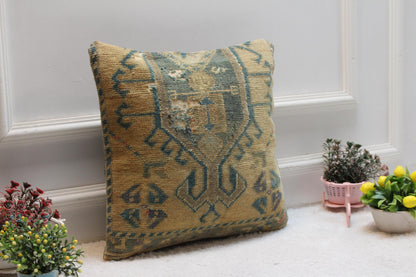 Handmade Turkish Rug Pillow Cover: Blue Beige Anatolian Wool, 16x16