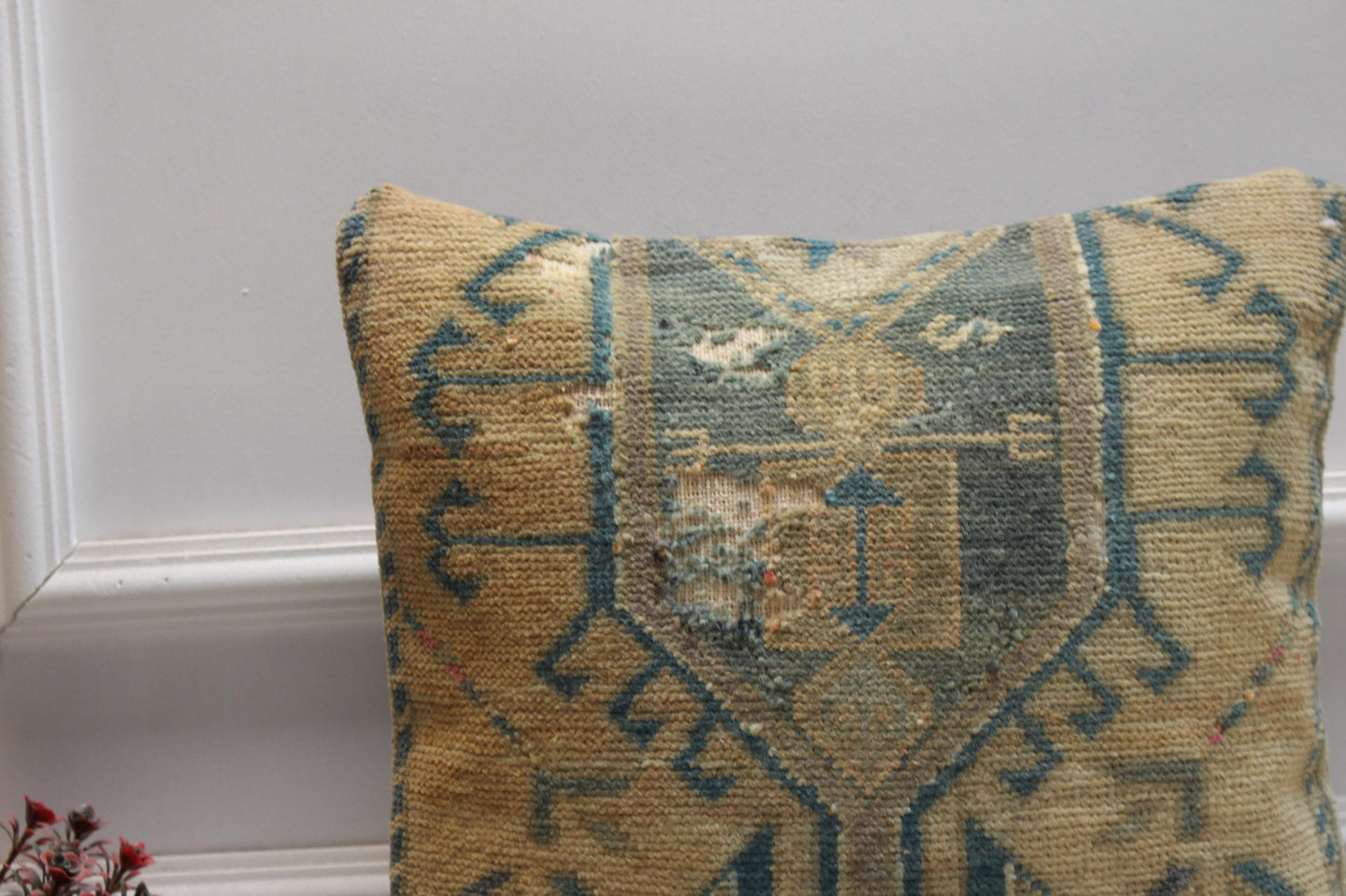 Handmade Turkish Rug Pillow Cover: Blue Beige Anatolian Wool, 16x16
