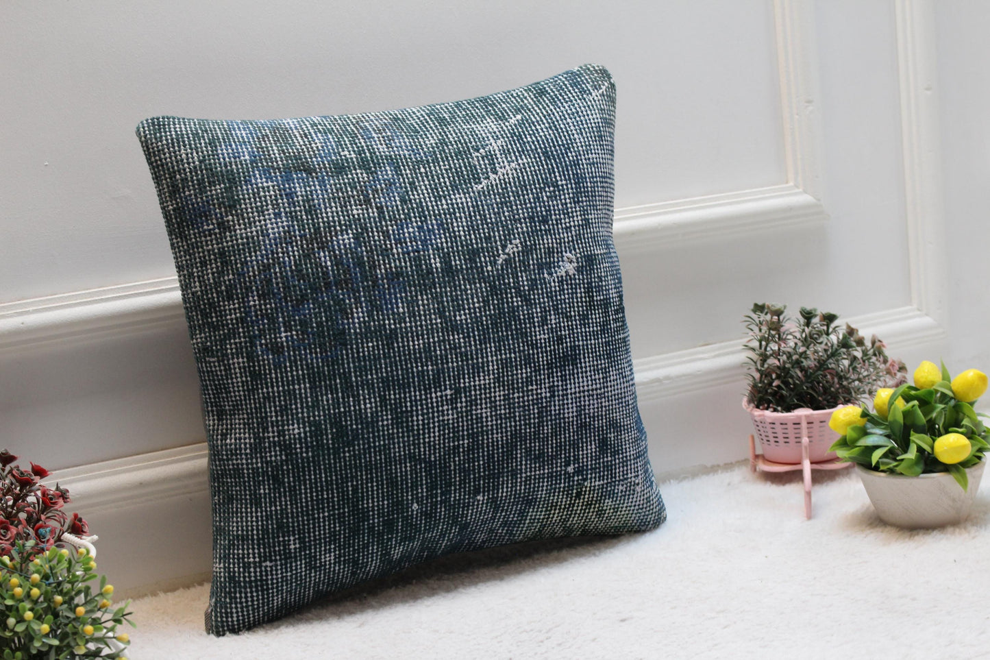 Blue Kilim Pillow Cover: Vintage Organic Wool Throw Pillow, 16x16