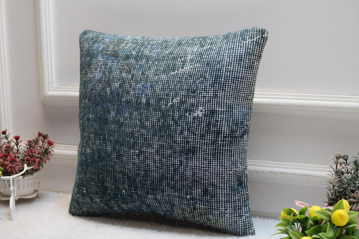 Blue Kilim Pillow Cover: Vintage Organic Wool Throw Pillow, 16x16