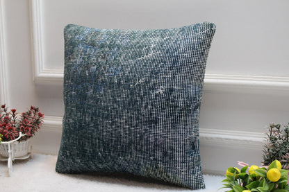 Blue Kilim Pillow Cover: Vintage Organic Wool Throw Pillow, 16x16