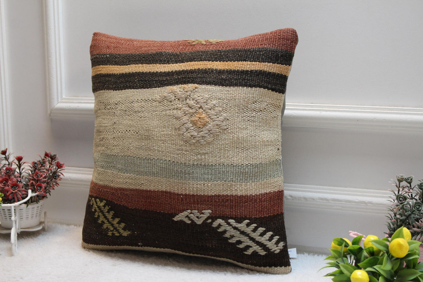 Vintage Kilim Pillow Cover: 16x16 Square Handmade Wool Pillow