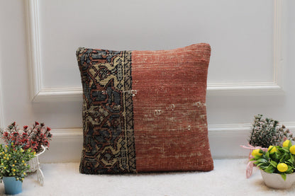 Vintage Turkish Rug Pillow: 16x16 Square Kilim Pillow Cover