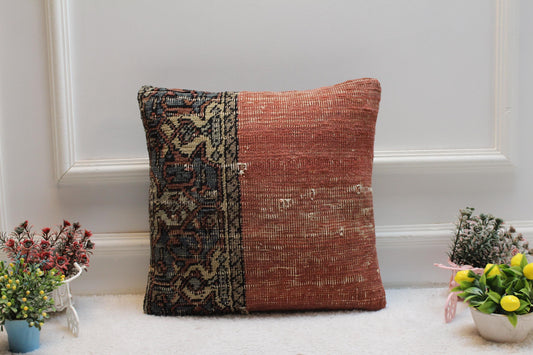 Vintage Turkish Rug Pillow: 16x16 Square Kilim Pillow Cover