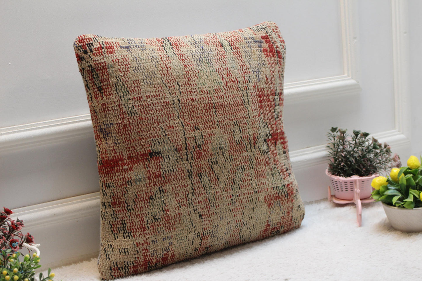 Handmade Kilim Pillow Cover: Red Anatolian Rug, Boho Decor (16x16 in)