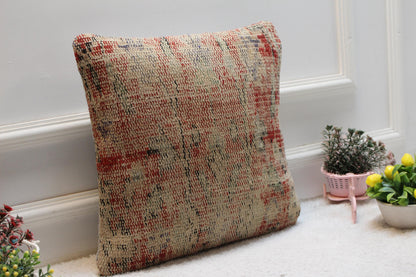 Handmade Kilim Pillow Cover: Red Anatolian Rug, Boho Decor (16x16 in)