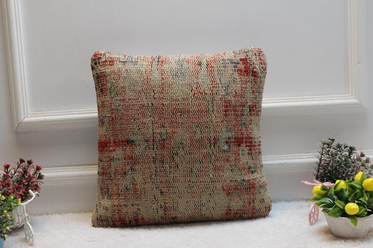 Handmade Kilim Pillow Cover: Red Anatolian Rug, Boho Decor (16x16 in)
