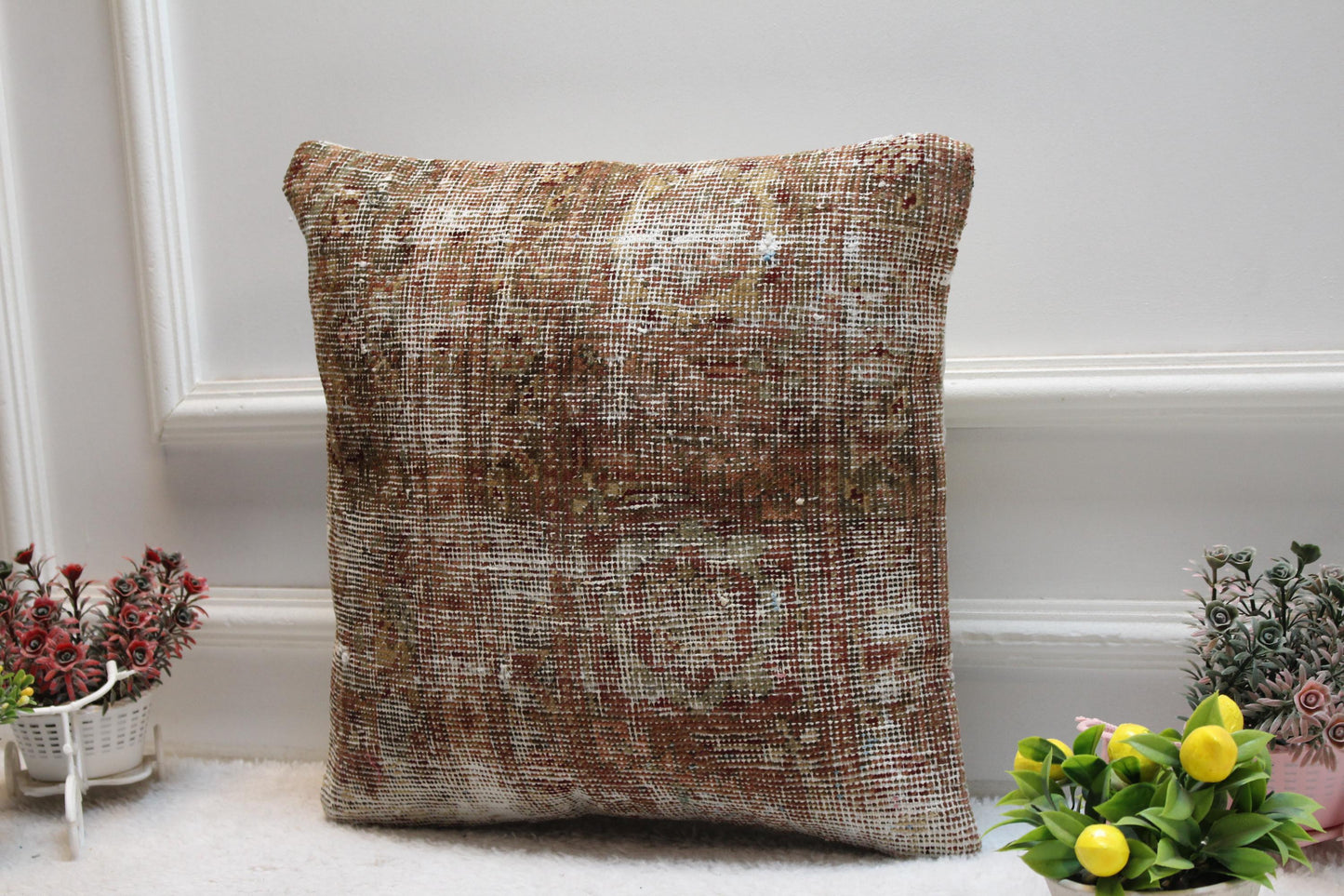 Vintage Turkish Rug Pillow Cover: 16x16 Square Anatolian Kilim Pillow